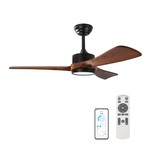 42 inch Wood Ceiling Fans with Lights and Remote, Modern Low Profile Ceiling Fan with Light, 6 Speed, Reversible DC Motor, for Bedroom/Outdoor/Farmhouse/Patios - Black+Brown - Metal & Wood - 42-Inch