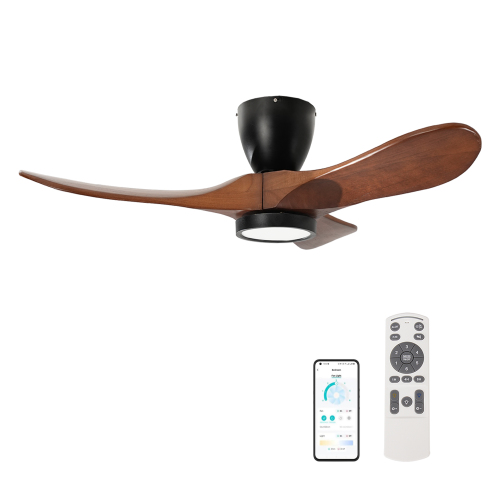 42'' Ceiling Fan with Light, Flush Mount, 3 Solid Wood Blades, Quiet Reversible DC Motor, APP & Remote Control, Dimmable Full-Spectrum LED, for 15x15 ft Living Room or Bedroom, No-Slope Ceiling Design - Brown Black - Metal & Wood - 15-ft