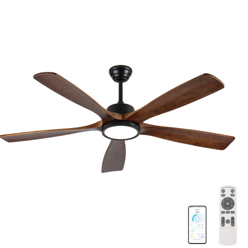 60-Inch Ceiling Fan with Light, 5 Solid Wood Blades, Downrod Mount for Sloped Ceiling ≤15°, Quiet Reversible DC Motor, APP & Remote Control, 6 Speeds, Timer, Dimmable Full-Spectrum LED - Natural Wood - Wood+Metal
