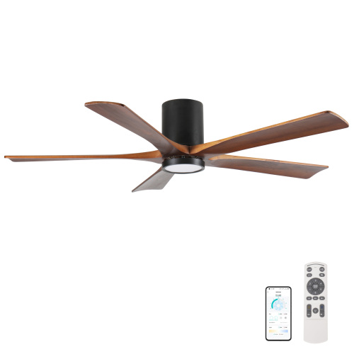 60'' Ceiling Fan with Light, Flush Mount, 5 Solid Wood Blades, Quiet Reversible DC Motor, APP & Remote Control, Dimmable Full-Spectrum LED, for 20x20 ft Living Room or Bedroom, No-Slope Ceiling Design - Natural Wood - Metal & Wood - 20-ft