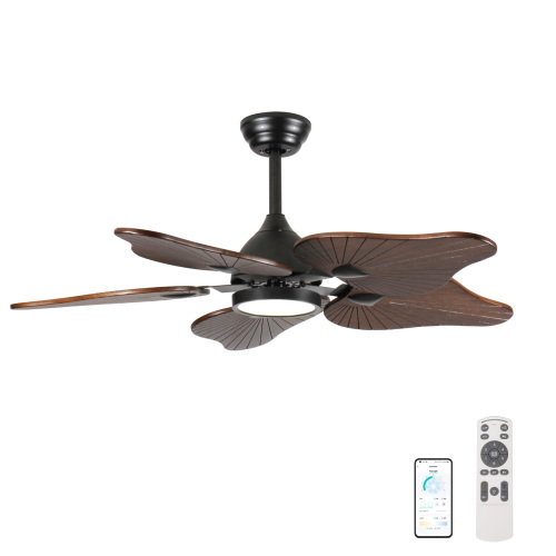 44-Inch Ceiling Fan with Light, 5 Solid Wood Blades, DC Motor, APP & Remote Control, Dimmable Full-Spectrum LED, Reversible Airflow, for 15x15 ft Living Room Bedroom, Works on Sloped Ceilings (<15°) - Acacia Wood - ABS+Steel(Q235)+Wood+PVC