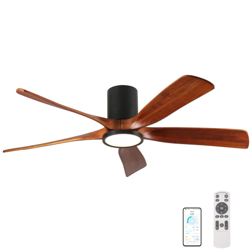 60'' Ceiling Fan with Light, Flush Mount, 5 Solid Wood Blades, Quiet Reversible DC Motor, APP & Remote Control, Dimmable Full-Spectrum LED, for 20x20 ft Living Room or Bedroom, No-Slope Ceiling Design - Natural Wood - Metal & Wood - 20-ft