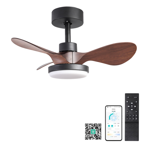 24" Black small Ceiling Fan with Light remote control ,Modern Low Profile Ceiling Fan, 6-Speeds Quiet Reversible DC motor for Bedroom,Kitchen - Black+Brown - ABS+Steel(Q235) - Classic
