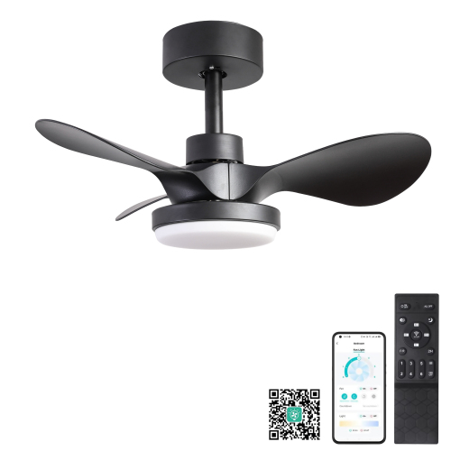 24" Small Ceiling Fan with Light remote control ,Modern Low Profile black Ceiling Fan, 6-Speeds Quiet Reversible DC motor for Bedroom,Kitchen - Black,Brown+Black - ABS+Steel(Q235) - Classic