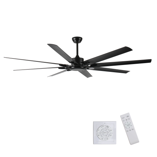 75 Inch Industrial DC Motor Ceiling Fan no light, Large Ceiling Fan with 8 Reversible Blades, 3 Downrods, 6-Speed Remote Control, Home or Commercial Ceiling Fans for Porch/Garage/Shop, Black - ABS+Steel(Q235) - Casual,Classic - 75-Inch