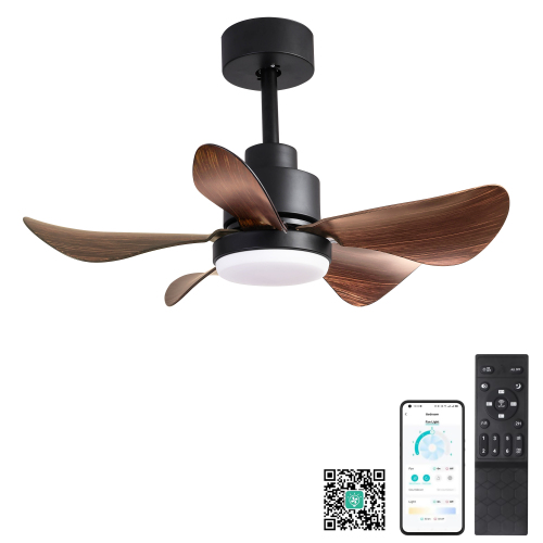 28 lnch Ceiling Fan with Lights Remote Control,Small Ceiling Fan Flush Mount, 5 Reversible Blades, Low Profile Ceiling Fan 6 Speeds 3 Colors for Bedroom Kitchen - Black+Brown - ABS+Steel(Q235) - Casual,Classic