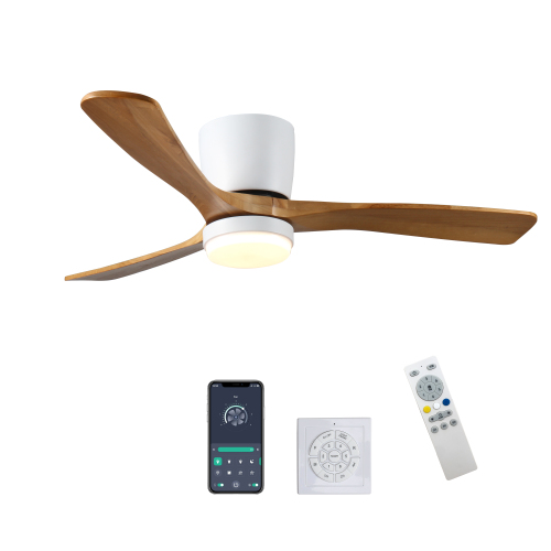 42 inch Wood Ceiling Fans with Lights and Remote, Modern Flush Mount Low Profile Ceiling Fan with Light, 6 Speed, Reversible DC Motor, for Bedroom/Outdoor/Farmhouse/Patios - Wood+Metal - Classic - 42-Inch