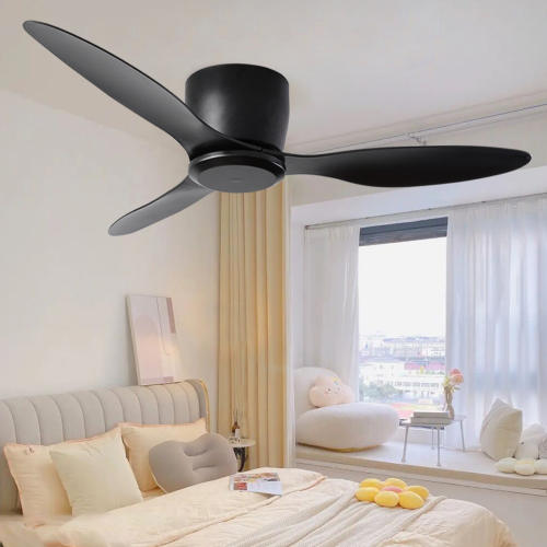 52" Flush Mount Ceiling Fan without light, 3 Reversible Blades, with 6 Speeds Reversible DC Motor,Low Profile Ceiling Fan with no light for Living Room Kitchen Bedroom - Black - ABS+Steel(Q235)