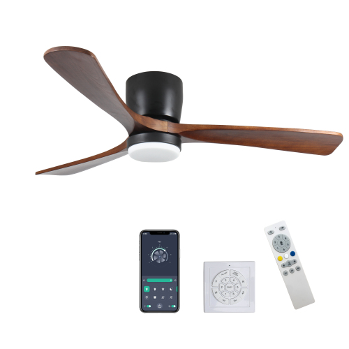 52 inch Black Wood Ceiling Fans with Lights and Remote, Modern Flush Mount Low Profile Ceiling Fan with Light, 6 Speed, Reversible DC Motor, for Bedroom/Outdoor/Farmhouse/Patios - Wood+Metal - 52-Inch