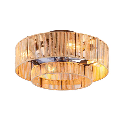 20" Double Tier Rope Caged  Flush Mount Ceiling Fan with Light Kit (NOT INCLUDED BULBS) ,With Remote Control, Low Profile Chandelier 6 Speed DC Motor Reversible Ceiling Fan For  Living Room Bedroom. - Matte Black - PC,Rope - Iron - American Design,Antique,Classic - Matte Black - PC - Not Specified