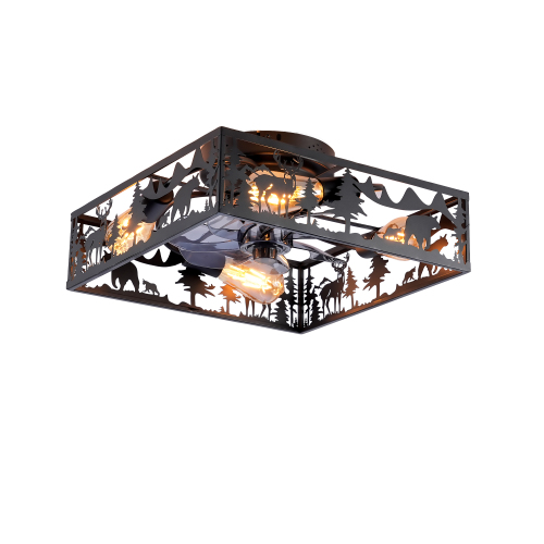 20'' Square Fabric Farmhouse Flush Mount Ceiling Fan .Bladeless Ceiling Fan 6 Speed Reversible with Remote Control,Flush Mount Ceiling Fan for Bedroom, Living Room--NOT Included Bulbs--Matte Black - PC - Iron - American Design,Antique,Classic