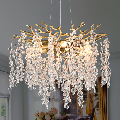Gold 6-Light Metal and Crystal Modern Farmhouse Ceiling Chandelier
