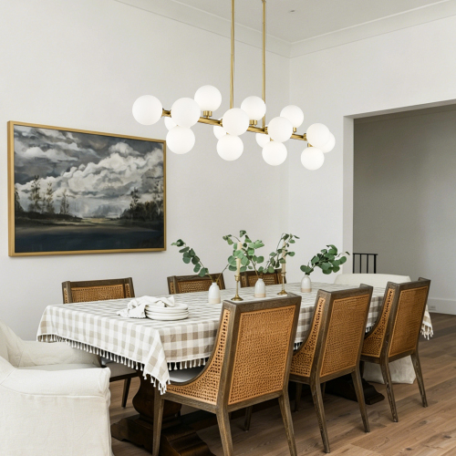 55-Inch 16-Light Gold Metal Pendant with White Opal Glass Shades