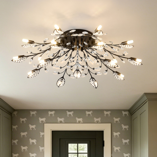 Modern 15-Light Matte Black Metal Chandelier with Crystal Accents