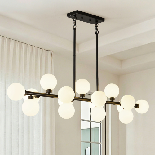 55-Inch 16-Light Matte Black Metal Pendant with Opal Glass Shades