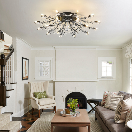18-Light Matte Black Metal and Crystal Farmhouse Chandelier