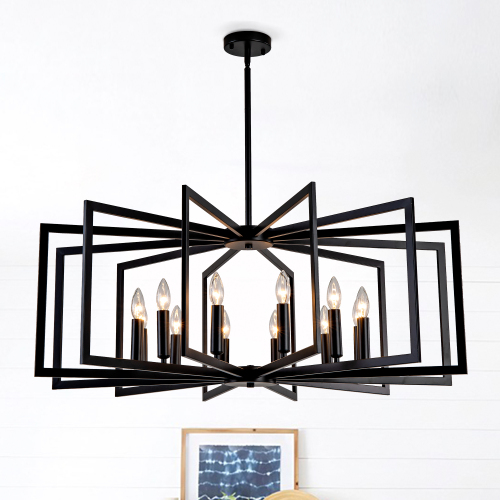 12-Light Matte Black Metal Tiered Lantern Dining Room Chandelier