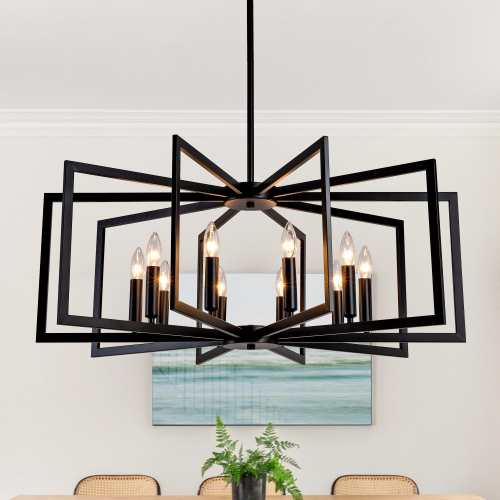10-Light Matte Black Metal Tiered Lantern Pendant Chandelier