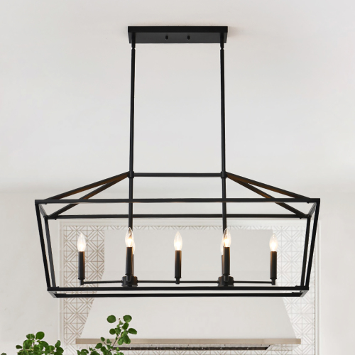 7-Light Farmhouse Linear Metal Chandelier, Matte Black Finish