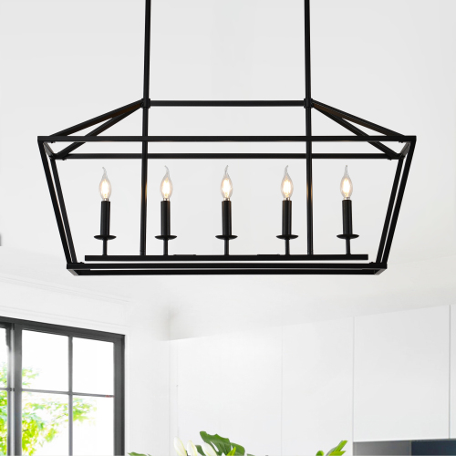 38.6-Inch 5-Light Matte Black Metal Farmhouse Linear Chandelier