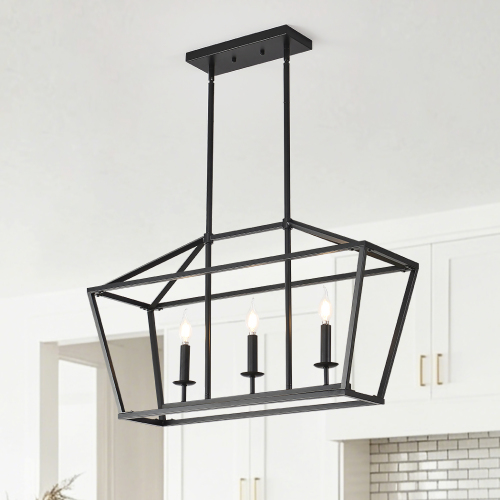 3-Light Matte Black Metal Farmhouse Linear Dining Chandelier