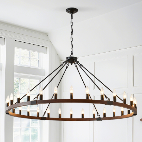53.15-Inch Wood Wagon Wheel Chandelier, Matte Black, 30-Light