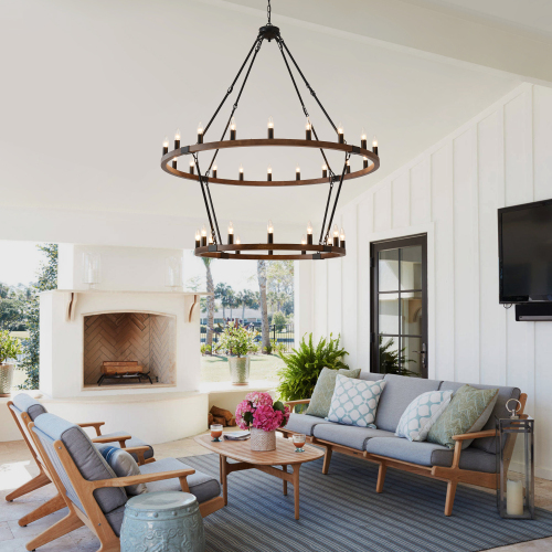 Large 2-Tier Wood Wagon Wheel Chandelier, Matte Black, 32 Lights