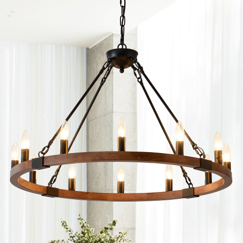31.5-Inch Matte Black and Wood 12-Light Wagon Wheel Chandelier