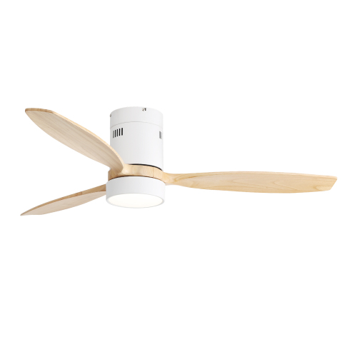 (Same as W882P244711) 52 Inch Flush Mount Ceiling Fan DC 3 Solid Wood Fan Blade Noiseless Reversible Motor Remote Control With Light - White - Metal & Wood - 52-Inch