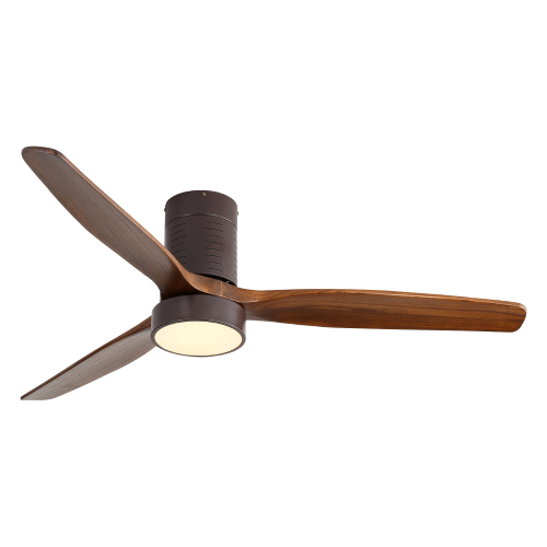 52 Inch Flush Mount Ceiling Fan with LED Light and Remote Control Solid Wood Blades - Coffee - Metal & Wood - 52-Inch