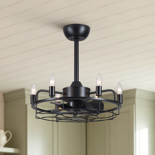 20" Industrial Ceiling Fan with Lights, Farmhouse Fandelier with 6 E12 Sockets, Reversible DC Motor, 6 Speeds Remote Control Ceiling Fan for Dining Room Kitchen Bedroom - Matte Black - ABS,Metal - American Design,Farmhouse,Industrial,Modern,Retro
