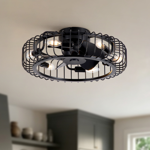 20" Black Industrial Flush Mount Ceiling Fan with Lights, Low Profile Fandelier with E12 Sockets, Reversible DC Motor, 6 Speeds, Quiet Ceiling Fan for Bedroom Kitchen Dining Room Farmhouse - ABS,Metal - American Design,Farmhouse,Industrial,Modern,Retro