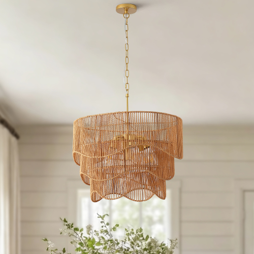 23.62-Inch Gold Metal and Handwoven Rattan 7-Light Wave Chandelier