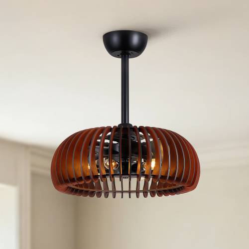 20" Pumpkin Wood Ceiling Fan, Rustic Farmhouse Plywood Fandelier with 6 E12 Sockets, Reversible DC Motor, Adjustable Hanging, 6 Speeds Remote Control Ceiling Fan for Dining Room Kitchen - Black - ABS,Metal,Plywood - American Design,Farmhouse,Mid-Century Modern,Rustic,Vintage
