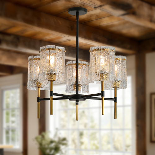 Modern 5-Light Black and Gold Textured Glass Metal Chandelier
