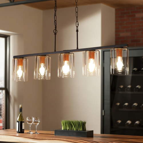 Black 5-Light Linear Chandelier with Clear Glass and Wood-Grain Accent