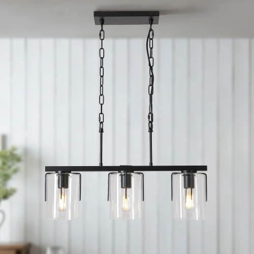 3-Light Black Linear Pendant with Clear Glass Shades, 60.39-Inch