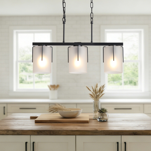 60.39-Inch Black Metal 3-Light Linear Chandelier with Frosted Glass