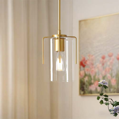 Gold Metal 1-Light Clear Glass Pendant, 5.12 x 60.39 Inches
