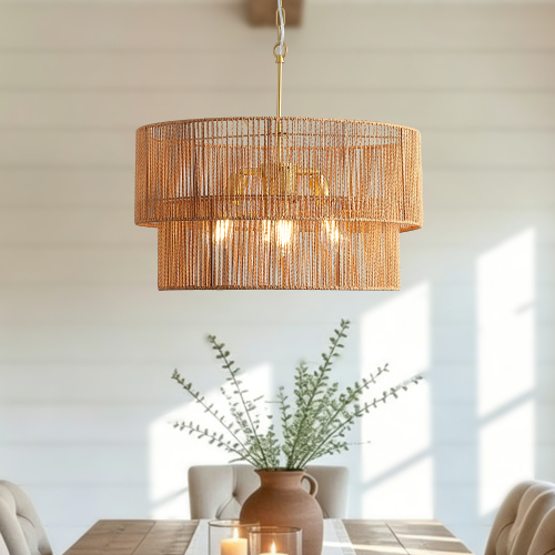 23.62-Inch Gold Metal and Rattan Two-Tier Pendant Chandelier