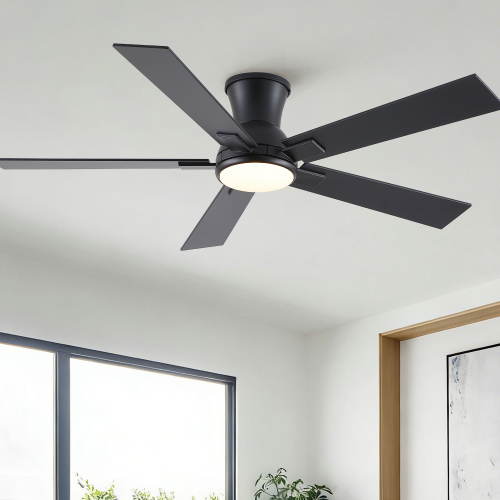 52" Matte Black Modern Low Profile Flush Mount Intergrated LED Ceiling Fan with Light and Reversible Quiet Motor - Metal,Plywood - American Design,Contemporary,Farmhouse,Minimalist,Modern