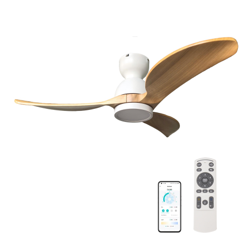 42'' Ceiling Fan with Light, Flush Mount, 3 Solid Wood Blades, Quiet Reversible DC Motor, APP & Remote Control, Dimmable Full-Spectrum LED, for 15x15 ft Living Room or Bedroom, No-Slope Ceiling Design - Yellow+White - Metal & Wood - 15-ft
