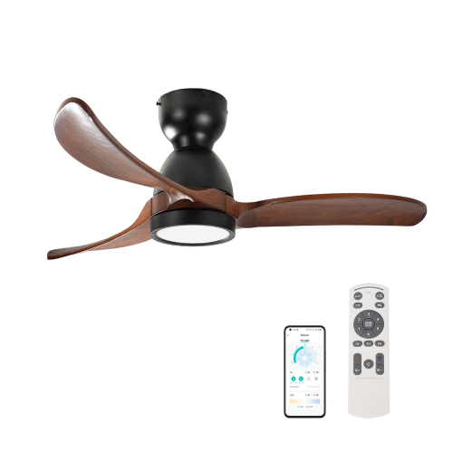 42'' Ceiling Fan with Light, Flush Mount, 3 Solid Wood Blades, Quiet Reversible DC Motor, APP & Remote Control, Dimmable Full-Spectrum LED, for 15x15 ft Living Room or Bedroom, No-Slope Ceiling Design - Black+Brown - Metal & Wood - 15-ft