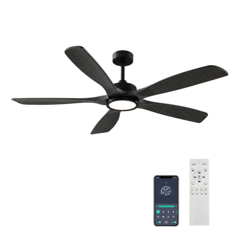 60 inch Wood Ceiling Fans with Lights and Remote, 5 solid wood blades,Modern Low Profile Ceiling Fan with Light, 6 Speed, Reversible DC Motor, for Bedroom/Outdoor/Farmhouse/Patios - Black - Metal & Wood - 60-Inch