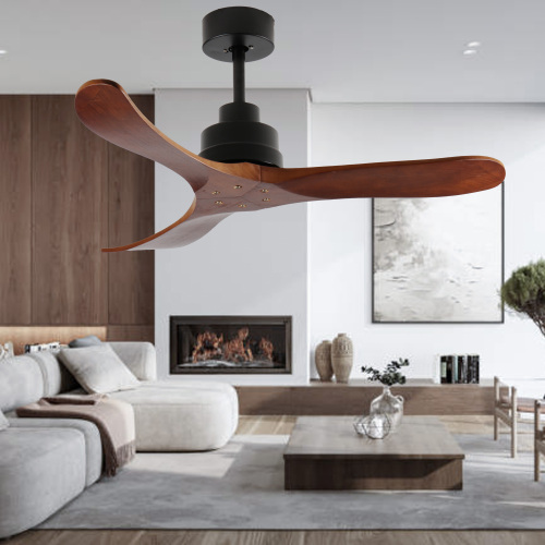 36-Inch Ceiling Fan Without Light, Solid Wood Blades, Downrod Mount for Sloped Ceiling ≤15°, Reversible Quiet DC Motor, Remote Control with 6 Speeds & Timer, Energy Saving for Bedroom, Living Room - Black Brown - Metal & Wood