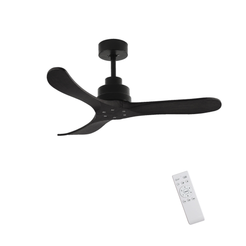 42-Inch Ceiling Fan Without Light, Solid Wood Blades, Downrod Mount for Sloped Ceiling ≤15°, Reversible Quiet DC Motor, Remote Control with 6 Speeds & Timer, Energy Saving for Bedroom, Living Room - Black - Metal & Wood