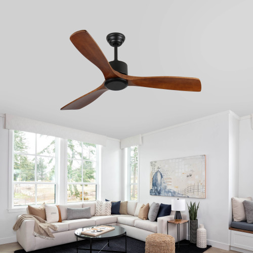 36" Wood Ceiling Fan NO light, 3 Reversible Blades, with 6 Speeds Reversible DC Motor,Low Profile Ceiling Fan with no light for Living Room Kitchen Bedroom - Black+Brown - Metal & Wood