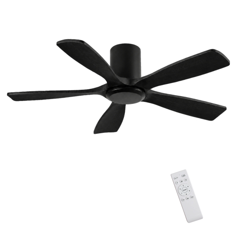 60-Inch Ceiling Fan Without Light, Solid Wood Blades, Flush Mount, Ultra-Quiet DC Motor, Remote Control with 6 Speeds & Reversible Function, for 20x20 ft Living Room Bedroom, Energy Saving - Black - Metal & Wood