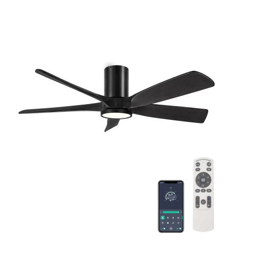 60'' Ceiling Fan with Light, Flush Mount, 5 Solid Wood Blades, Quiet Reversible DC Motor, APP & Remote Control, Dimmable Full-Spectrum LED, for 20x20 ft Living Room or Bedroom, No-Slope Ceiling Design - Black - Metal & Wood - 20-ft