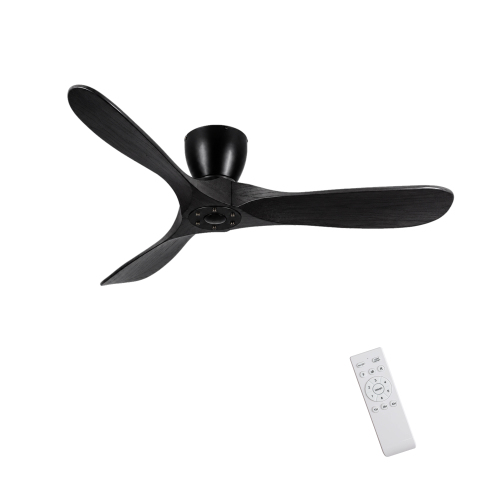 42-Inch Flush Mount Ceiling Fan Without Light, Solid Wood Blades, Reversible Quiet DC Motor, Remote Control with 6 Speeds & Timer, Energy Saving for Bedroom, Living Room, No Sloped Ceiling - Black - Metal & Wood